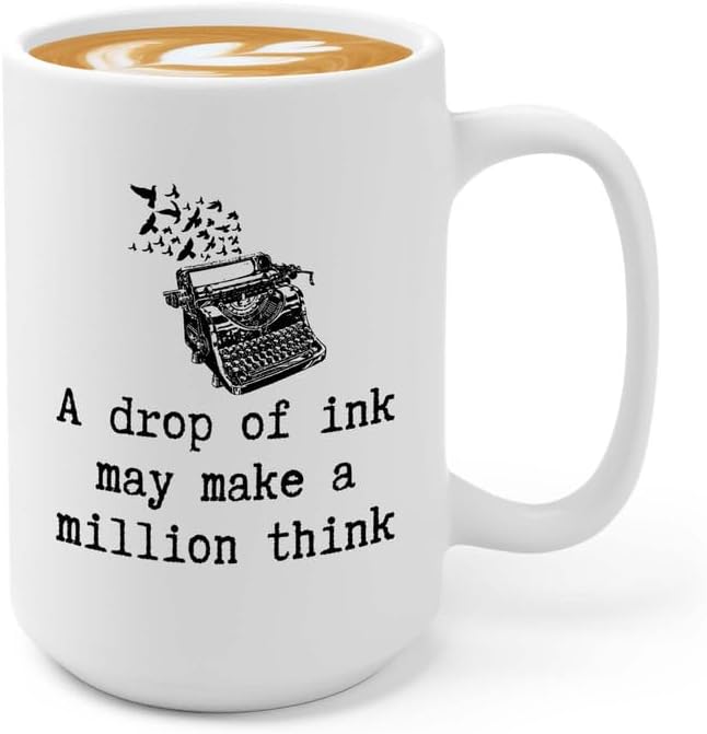 Writer Coffee Mug 15oz White - Ink, a Million Think - Funny Author Gift To Book Lover Bookish Bookworm Writing Sarcasm Poetry Novelist Journalist