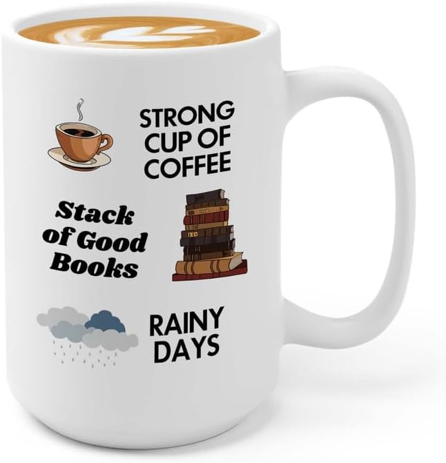 Reading Coffee Mug 15oz White - Coffee Book Rainy Days - Reader Gift Bookworm Owl Lover Cat Lover Book Lover Novelist Librarian Writer