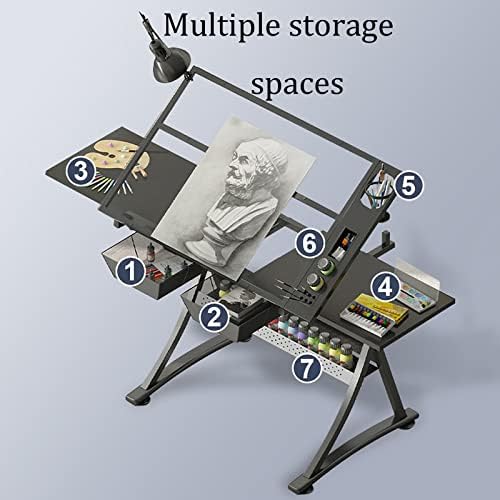 Drawing Tilting Tablet,Drawing Table Glass Drafting Table with Stool, Drawing Desk Art Table 2 Storage Drawers 71-93CM Height Adjustable 0-50° Tilting