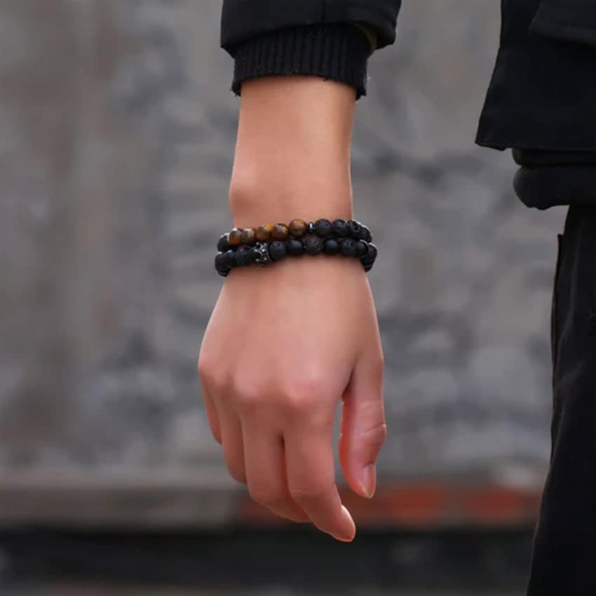 RANKEEF Tiger Eye Bracelet For Men 8MM Natural Stone Stretch Adjustable Black Crystal Beaded Bracelet for Men Women Gifts