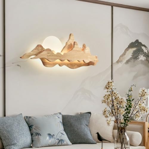 Chinese Style Mountain Landscape Wall Sconce - 42W Dimmable LED Solid Wood Lamp with Moon Design for Zen Decor in Living Room, Bedroom & Tea Room, 80cm Walnut Finish (Wood)
