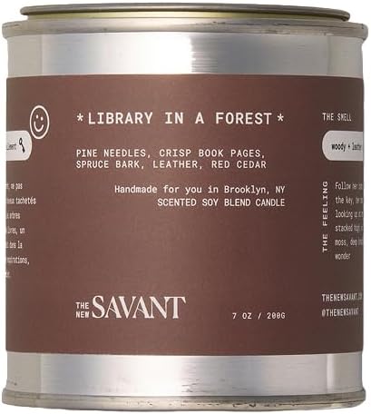 The New Savant Scented Candle - Library in a Forest - Aesthetic Bookish Candle for Home, Pine, Citrus, Patchouli & Leather, Soy Wax Blend, Vegan & Cruelty-Free, 50-Hour Burn Time - 7oz