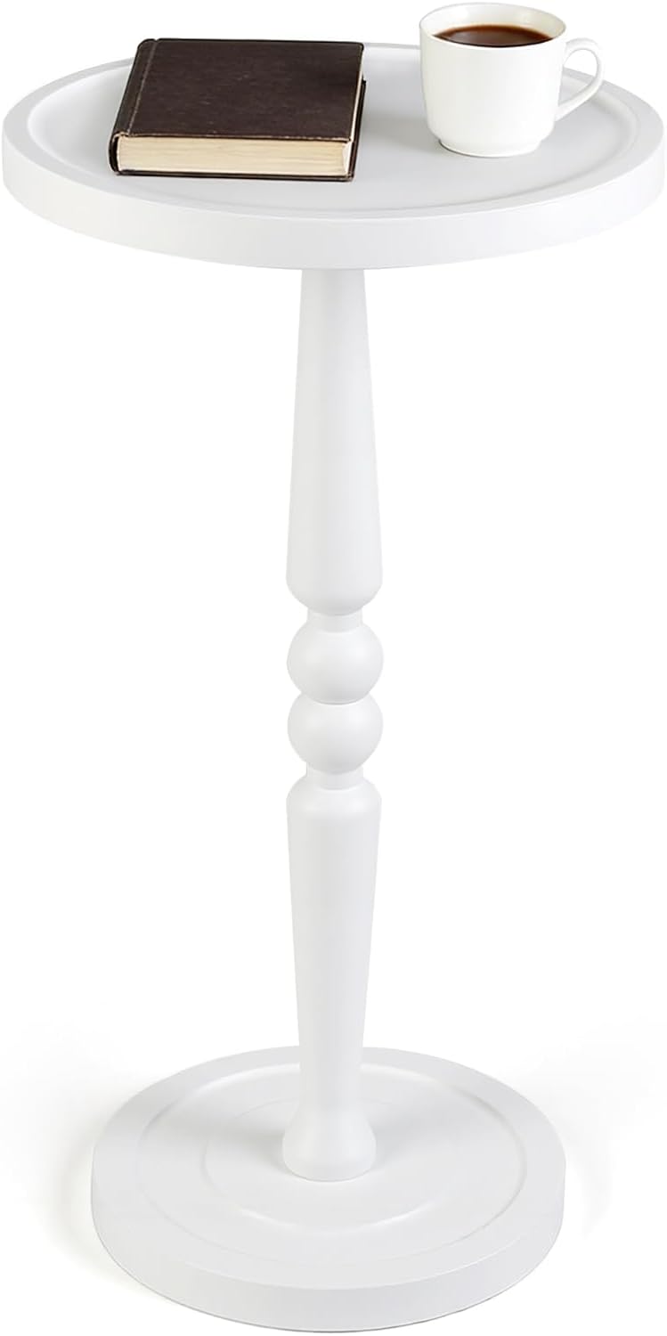 Small Side Table for Small Spaces, Modern Round End Table with Natural Solid Wooden Top, Pedestal and Leg, White Accent Drink Tables for Livingroom, Bedroom, Sofa, Corner, Coffee, Office, Couch
