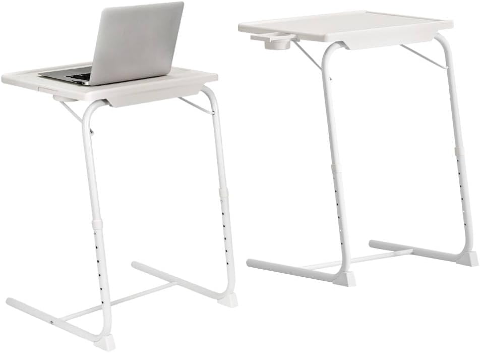 Japard Folding TV Tray Table, Small Bedside Sofa Dinner Table with Cup Holder, Adjustable 6 Height & 3 Tilt Angle (White_ 2 pcs)