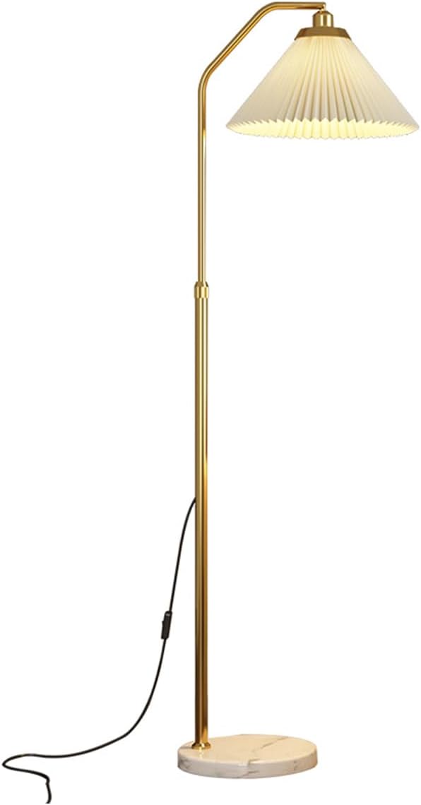Gold Floor Lamp Adjustable Height Angle Floor Lamps Sofa Side Standing Reading Light Rust-Proof Iron Tall Lights Marble Base Linen Shade Pole Lamp E27 Base for Classroom Dorm Room