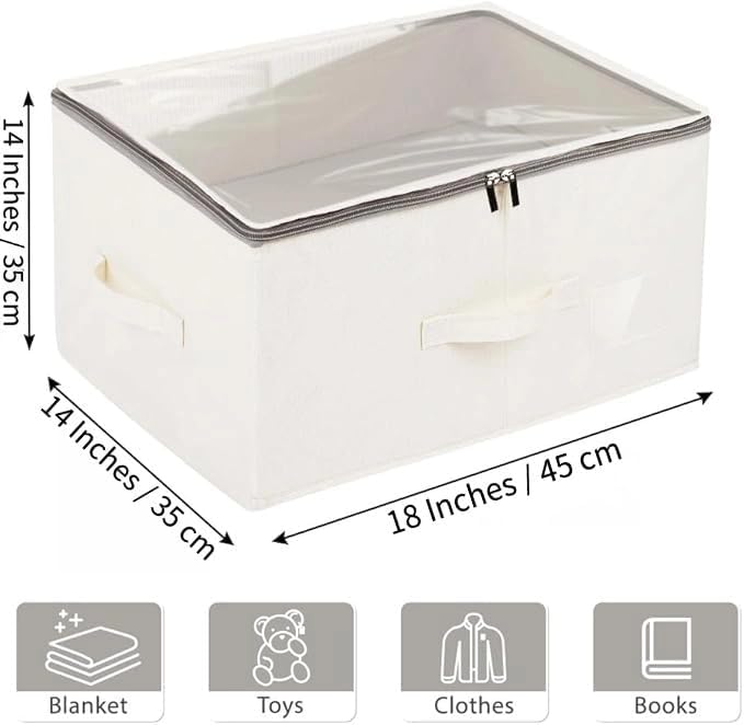 Durable See-through Storage Box Bins with Dual Handles and zipper Lid Foldable Organizer for Clothes Toys Blankets Books 18 * 14 * 10 Inches