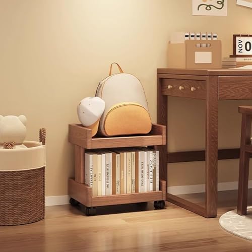 Mobile Small Wood Book Shelf with Wheels - Narrow Corner Bookcase, Modern Floor Standing Storage Shelves for Living Room, Creative Design (17.7"x12.6"x40.9")
