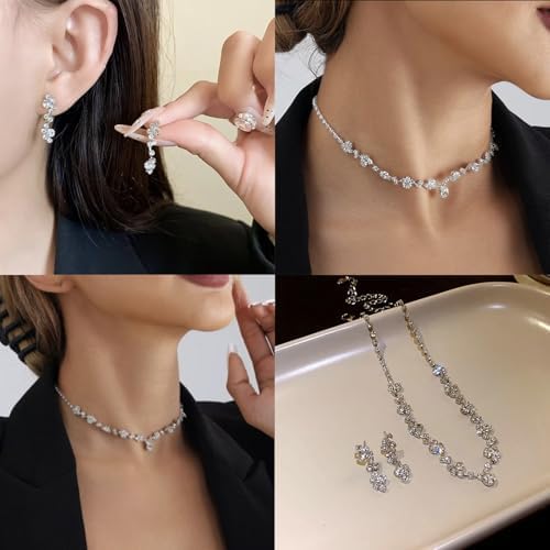 Crystal Wedding Jewelry Set, Silver Necklace Earrings Bracelet Crystal Bridal Wedding Jewelry Sets for Brides Bridesmaid Prom Costume Accessories