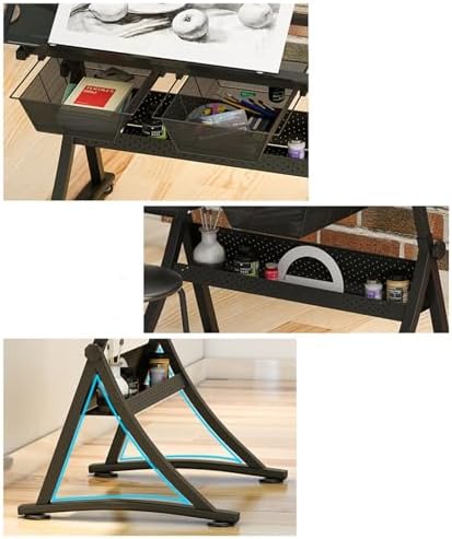 Drawing Tilting Tablet,(Glass Drafting Work Station with Stool, Art Craft Table, Adjustable Height(29.1"-36.6") & 0°-80° Tiltable Tabletop, Drawing Desk for Studio Home Office School)