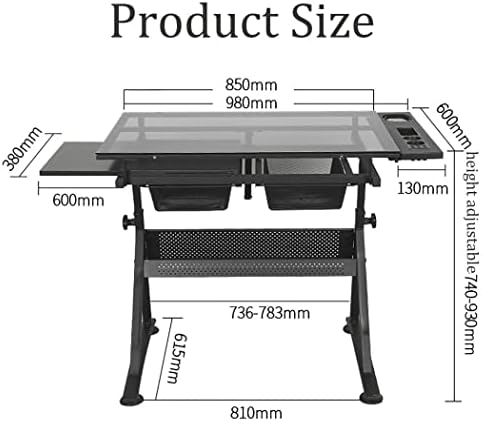 Drawing Tilting Tablet,Folding Art Desk/Drafting/Drawing Table/Craft Desk with Adjustable Height 74-93Cm, 2 Drawers and 0-80° Tiltable Tabletop, Tempered Glass