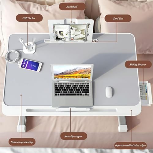 Adjustable Over-Bed Table, Foldable Laptop Desk with Storage Drawers & USB Port, Height-Adjustable Bed Tray Table for Home Office & Reading, XX999