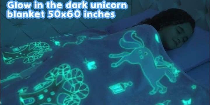 Glow in The Dark Unicorn Blanket for Girls – Soft Pink Fleece Throw. Great Christmas, Birthday, Baby, Toddler Unicorn Gifts for Girls, Fairy, Butterfly, Stars. Bright Long-Last Glow