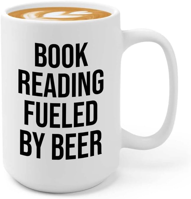 Hobby Beer Lover Coffee Mug 15oz White - book reading fueled by beer - Mountain Biking, Bike Riding, Bicycling Lover, Cycling Bike Enthusiast, Road Bike