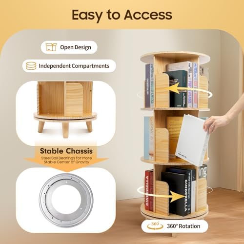 360° Pine Wood Rotating Bookshelf - Floor Standing Bookcase Storage Rack for Kids & Adults - Versatile Organizer for Living Rooms, Studies, and Bedrooms