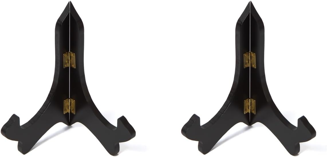 Wooden Display Easel Plate Stand, Black, 6 x 8 inches, Hinged Folding Design, Set of 2
