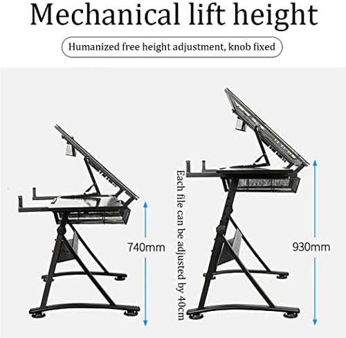 Drawing Tilting Tablet,Folding Art Desk/Drafting/Drawing Table/Craft Desk with Adjustable Height 74-93Cm, 2 Drawers and 0-80° Tiltable Tabletop, Tempered Glass