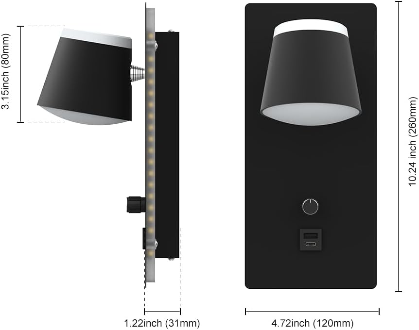 Sytmhoe LED Wall Sconce with Dimmer Switch,Modern Dimmable Bedside Wall Light with USB+Type C Port,3000K Up & Down Wall Mounted Lighting for Bedroom,Hallway,Stairway,Basement,Cafe,Home Decor(1 Pack)