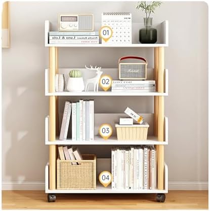 2-Tier Wooden Mobile Bookshelf on Wheels - Narrow Space-Saving Bookcase Organizer for Bedroom, Living Room, Home Office, Kids Room, Modern Design, Easy Mobility
