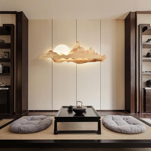 Chinese Style Mountain Landscape Wall Sconce - 42W Dimmable LED Solid Wood Lamp with Moon Design for Zen Decor in Living Room, Bedroom & Tea Room, 80cm Walnut Finish (Wood)