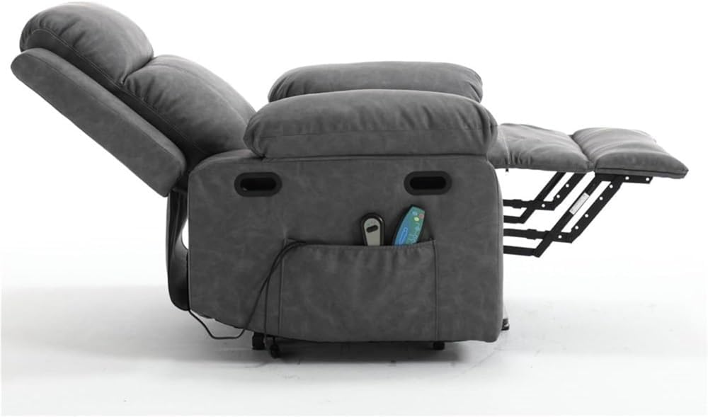 Electric Power Lift Recliner with Massage & Lumbar Heat – Gray Leather Sofa with Remote Control, Cupholders, USB Ports, Comfort for Elderly & Living Room