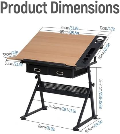 Drawing Tilting Tablet,(Wooden Drawing Desk with Stool Art Craft Table, Adjustable Height(26.8"-35.8"), 80° Tiltable, Drafting Workstation for Artwork, Graphic Design, Writing (MDF))