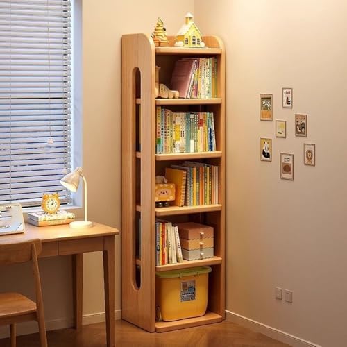 6-Tier Narrow Bookshelf, Solid Wood Corner Storage, Modern Floor Standing Bookcase for Small Spaces, Freestanding Display Organizer Cabinet (15.7in Width)