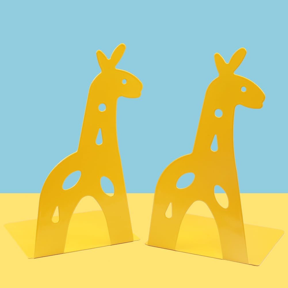 Yellow Giraffe Bookends Cute Metal Book Ends Decorative Bookends Animal Style Book Holder Journal Book Organizer CD Holder Home Office Bookends for Back to School Student Birthday Kids Gifts