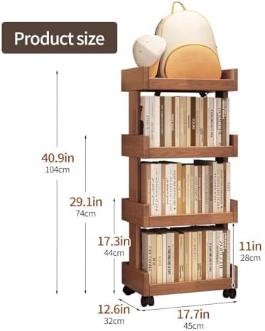 Mobile Small Wood Book Shelf with Wheels - Narrow Corner Bookcase, Modern Floor Standing Storage Shelves for Living Room, Creative Design (17.7"x12.6"x40.9")