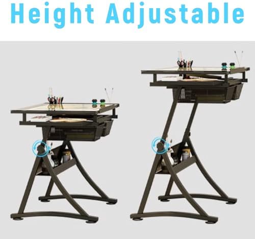 Drawing Tilting Tablet,(Glass Drafting Work Station with Stool, Art Craft Table, Adjustable Height(29.1"-36.6") & 0°-80° Tiltable Tabletop, Drawing Desk for Studio Home Office School)