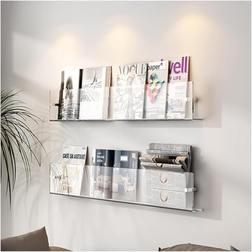 Acrylic Wall Magazine Rack,Clear Brochure Holder Adjustable for Storage Show Vinyl Record Newspaper Comic File, Transparent Hanging Bookshelf for Office Bathroom,White,90cm