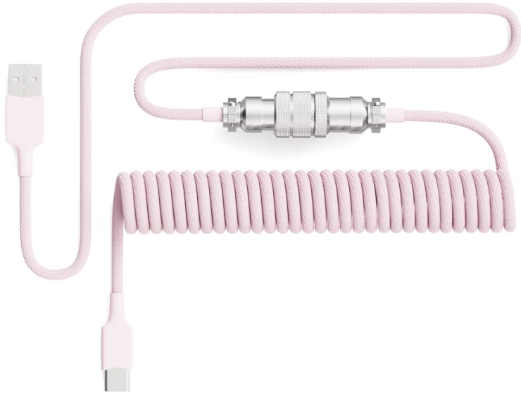 PWNAGE Ultra Custom Coiled Aviator USB C Cable for Gaming Keyboard, Double-Sleeved Mechanical Keyboard Cable with Detachable Metal Aviator, 1.8M USB-A to USB-C, Pink Color (Pink)