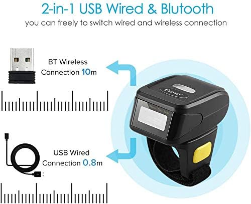 Eyoyo 1D Wireless Wearable Ring Finger Barcode Scanner, Bluetooth & 2.4G Wireless & USB Wired Connection, Portable Mini UPC ISBN Bar Code Reader Compatible with iPhone, iPad, Android, Tablet