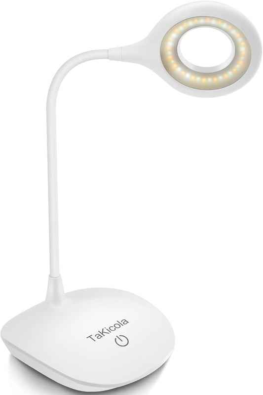 LED Desk Lamp with Flexible Gooseneck, Cordless Rechargeable, 3 Color Modes, Dimmable, Stepless Touch Control, Portable Eye-Caring Table Lamp for Office Home Bedroom, White
