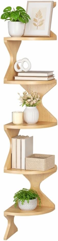 Zigzag Corner Shelf, Wood Corner Wall Shelf, 5 Tier Floating Corner Shelves for Small Space Storage, Corner Bookcase for Living Room, Home Office, Bedroom, (Natural, 5 Tier)