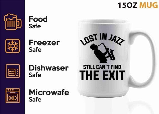Jazz Lover Coffee Mug 15oz White -Lost in jazz - Jazz Guitarist Musician Bassist Band Orchestra Instrumentalist Guitar
