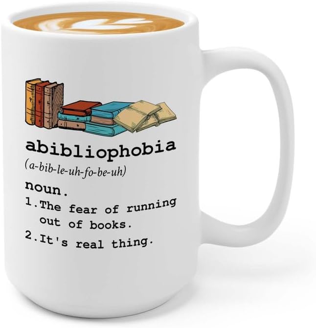 Reading Coffee Mug 15oz White - Abibliophobia Definition - Reader Gift Bookworm Owl Lover Cat Lover Book Lover Novelist Librarian Writer