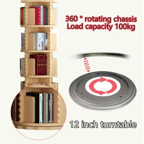 360° Rotating Kids Bookshelf Tower, Solid Wood Revolving Bookcase with Letter Baffle, Space-Saving Storage for Children's Room, Study, Playroom, A6