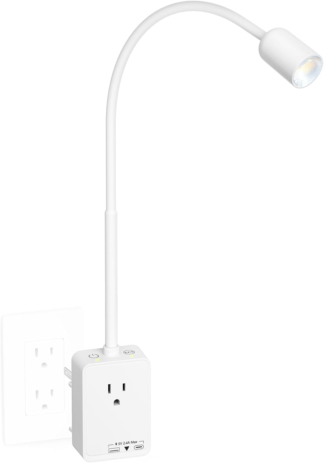 Plug in LED Book Reading Spot Light, White Dimmable Wall Sconce Lamp with Power Plug and Outlet Extender for Kitchen Bedroom Living Room, 3 Lighting Colors, USB Output Charging Ports