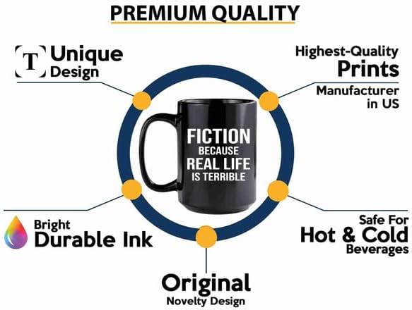 Book Lover Coffee Mug 15oz Black -fiction because - Book Lovers Gifts Book Reader Gifts Book Club Gifts Book Reading Cup Reading Gifts