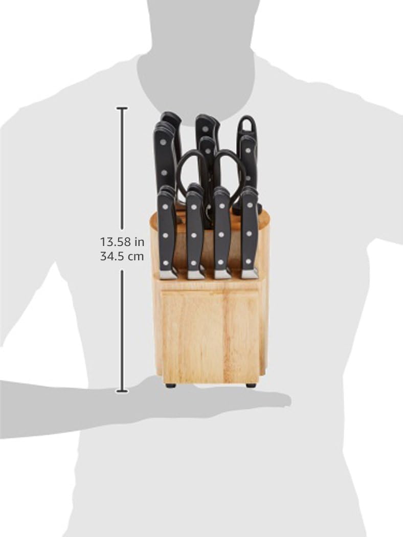 Amazon Basics 18-Piece Premium High-Carbon Stainless Steel Kitchen Knife Set with Built-in Sharpener, Ergonomic Handles, Pine Wood Block, Black