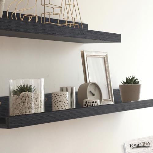 Icona Bay 16 Inch Floating Shelves for Wall - Set of 6 in Ebony Black - Modern Rustic Style - Wall Mounted Display Shelves - Picture Ledges