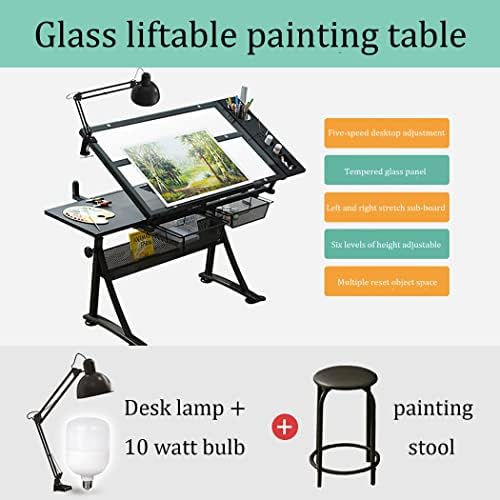 Drawing Tilting Tablet,Artists' Drafting Table with Stool - Height Adjustable, Tempered Glass Top, 2 Drawers - Tiltable Draft Desk for Reading, Drawing, Writing - Work Station for Artists -