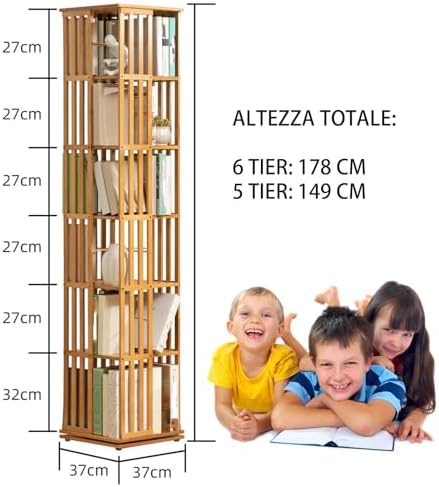 5/6 Tier Rotating Corner Bookshelf Tower, Space-Saving Floor Rack, Multi-Functional Bookcase for Living Room, Creative Student Storage Solution, Brown, 6-Tier Design