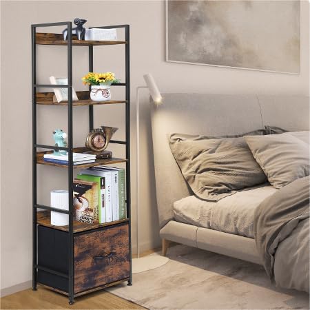 5 Tier Bookshelf with Drawer Wood Metal Rustic Brown,Bookcase with Shelves Tall Narrow, Shelf with Cabinet,Corner Book Shelves Storage Organizer, Display Standing Shelves Unit Bedroom,Living Room