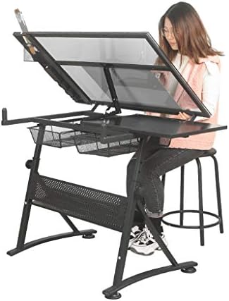 Drawing Tilting Tablet,Drafting Desk, Drafting Table with Storage, Height Adjustable Tiltable Art Desk, Glass Panel Drawing Desk, for Work Study Painting Craft Table