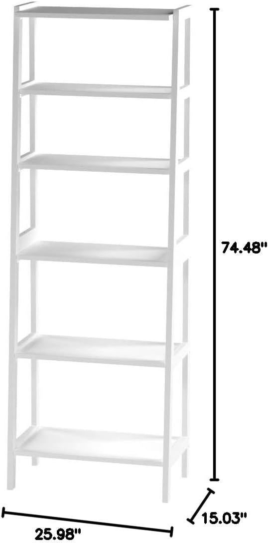 Amazon Basics 5-Tier Sturdy Rubberwood Ladder Bookshelf, Freestanding Storage Organizer Bookcase, Display Shelf for Small Space, White, 25.98" W x 74.48" H x 15.03" D