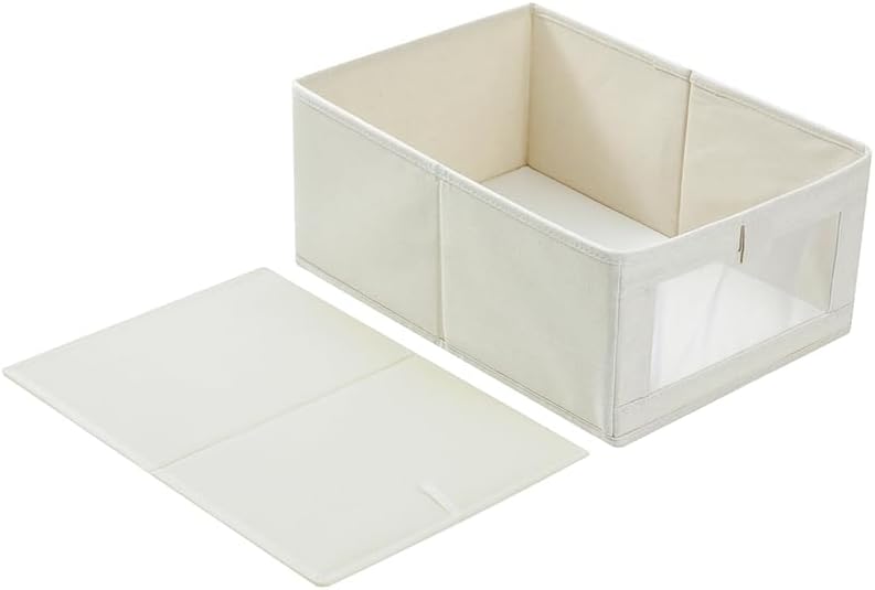 Storage Bins, 16L x 11W x 7H Inch Cotton & Linen Collapsible Storage Baskets with Window for Organizing Closet Shelf, Large Fabric Decorative Organizer and Sturdy Bottom Board,1 Pack