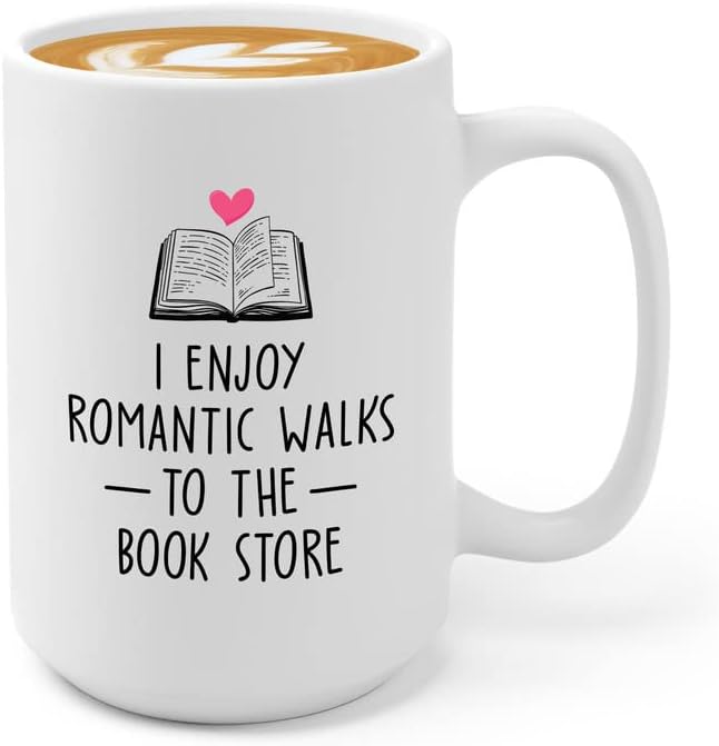 Reading Lover Coffee Mug 15oz White - I Enjoy Romantic Walks To The Book Store - Gift For Poets Bookish People Bibliophile Librarian Book Club Reader