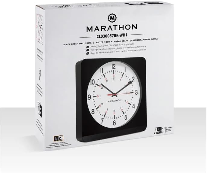 MARATHON 12 Inch Analog Wall Clock with Auto Back Light and Non Ticking Silent Sweep (Black & White - Commercial Edition)