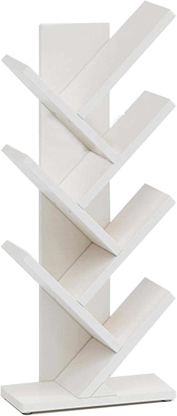 Tree-Shaped Bookshelf, 7 Tier Solid Wood Bookcase, Floor-Standing Storage Shelf for Home Office, Living Room, Bedroom – Modern White Display Unit (44x20x107cm)
